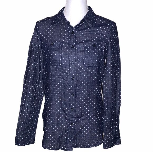 BCBGENERATION long sleeve blue polkadot button up blouse - Picture 1 of 5